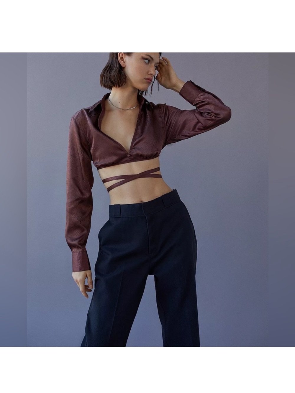 UO Cropped Satin Wrap Shirt in Brown